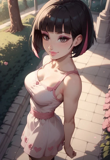 score_9, score_8_up, score_7_up, score_6_up, score_5_up, score_4_up, rckst style, atmospheric lighting, 1girl,Sarah, SarahRH, short black hair, bob cut, straight hair, blunt bangs, dyed bangs (pink), (pink) streaked hair, dark eyes, cute face, beautiful lips, medium breasts, curvy, large hips, pale skin, mole under her eye, moles on her body, makeup, pink lip gloss, smiling, closed lips, side view, standing up, posing, posing cute, outdoors, pink sundress, squared pattern sundress, trees, shadows, aesthetic, dynamic angle view,