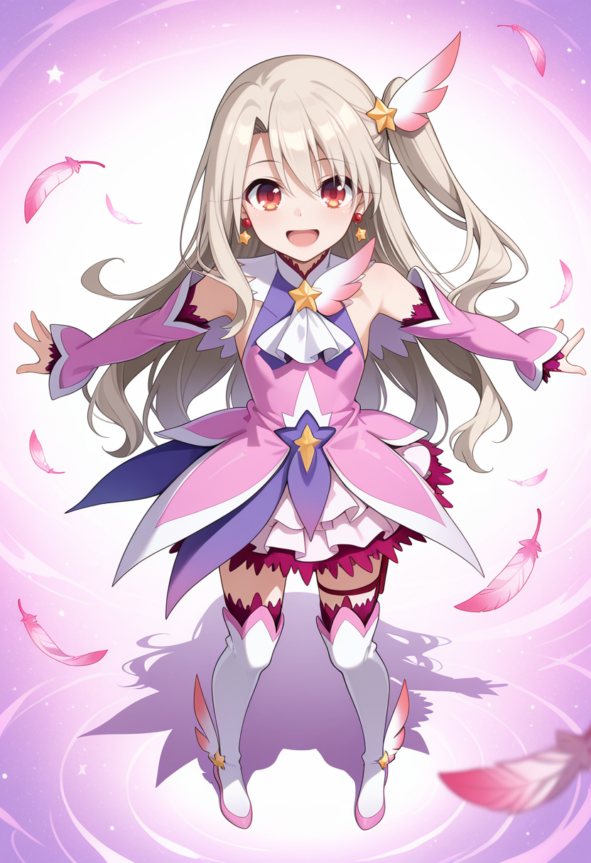 <lora:prisma_illya_zwei_form.v2:1>,illyasviel von einzbern,prisma illya,magical girl,hair ornament,red eyes,detached sleeves,star \(symbol\),earrings,jewelry,dress,one side up,skirt,pink sleeves,layered skirt,thighhighs,thigh boots,
falling feathers,open mouth,smile,full body,spread arms,standing,looking at viewer,from_above,
masterpiece,best quality,amazing quality,