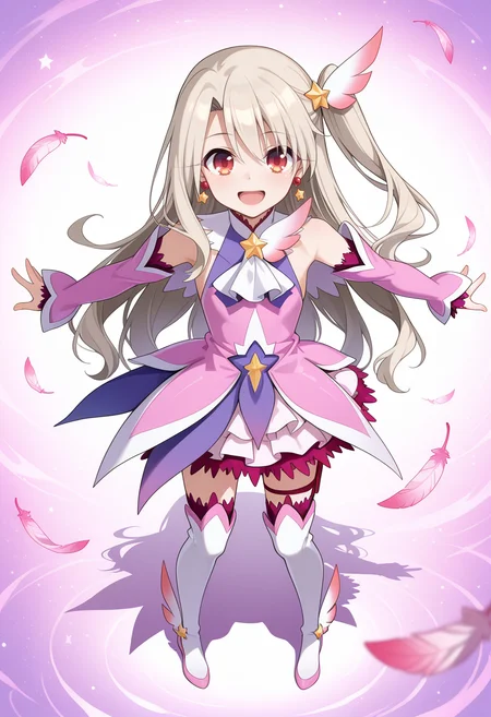 <lora:prisma_illya_zwei_form.v2:1>,illyasviel von einzbern,prisma illya,magical girl,hair ornament,red eyes,detached sleeves,star \(symbol\),earrings,jewelry,dress,one side up,skirt,pink sleeves,layered skirt,thighhighs,thigh boots,
falling feathers,open mouth,smile,full body,spread arms,standing,looking at viewer,from_above,
masterpiece,best quality,amazing quality,