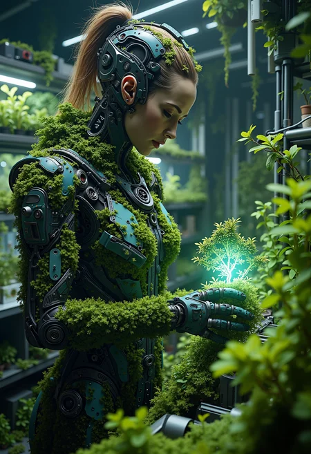 A female engineer wearing a jumpsuit made from plant fibers and metal threads, working in a high-tech lab filled with living plants. Her mechanical hand is covered in tiny, glowing moss, and sheâs nurturing a small, cybernetic plant that pulses with light. Her workspace is a blend of organic and digital materials, representing the balance of creation and innovation. bo-naturepunk, naturecyberpunk, greenpunk<lora:FLUX Naturepunk\bo-naturepunk-000012.safetensors:1.0:1.0>