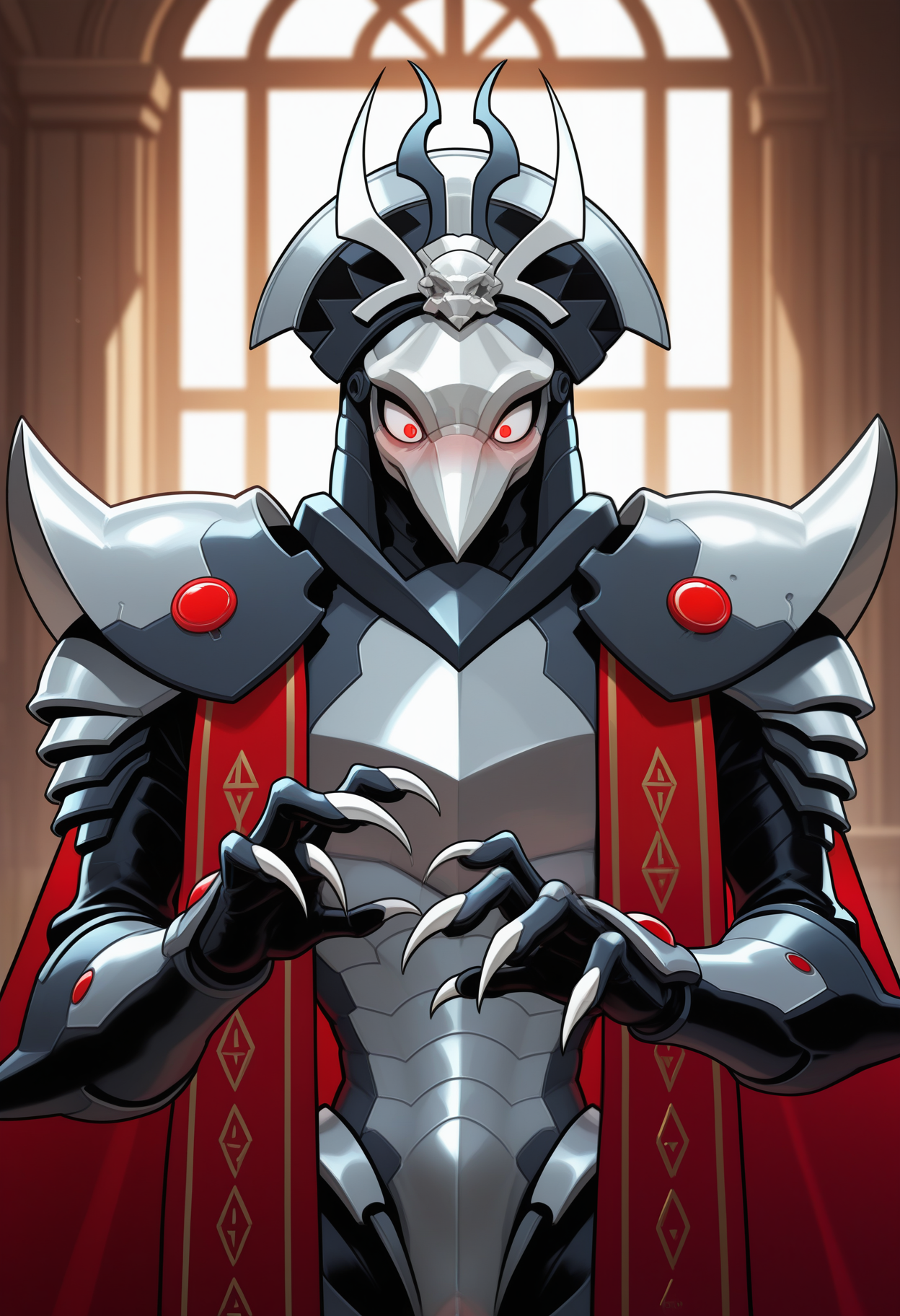 masterpiece,best quality,amazing quality, 1boy, solo, r4v3n, bird boy, armor, helmet, red cape, surprised, blush lines,