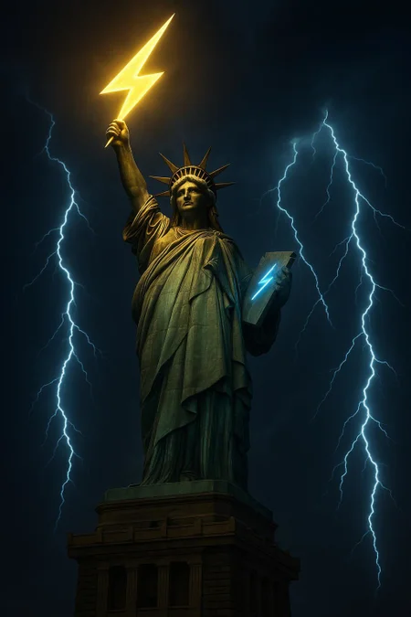 Generate a image of Statue of Liberty on Liberty Island  from low angle, with cinematic effect, 4k resolution: At night, the Statue holds a gigantic glowing golden ⚡(instead of a torch) above her head with her right hand, and in her left hand carries a tabula ansata inscribed a glowing blue ⚡. Couples of blue and yellow lightning strikes in the background. 
