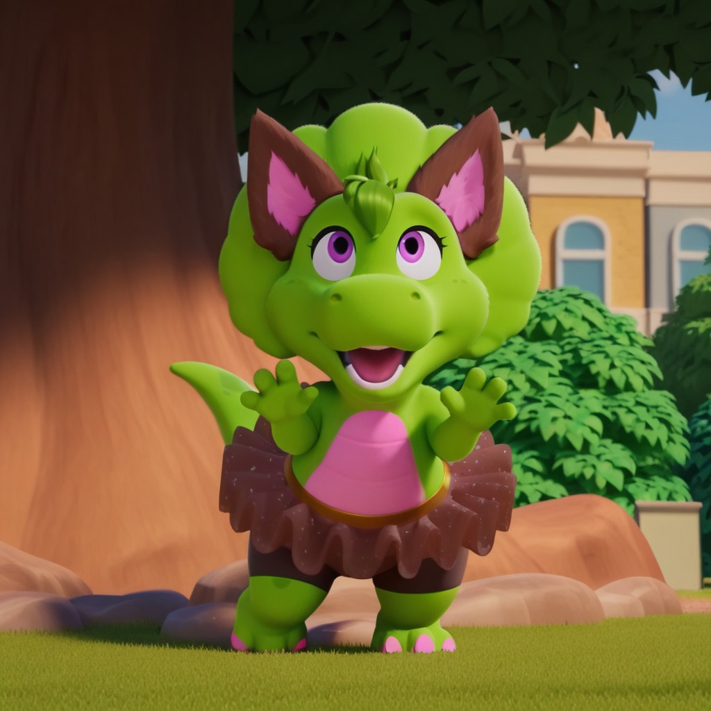 ((masterpiece, best quality, amazing quality,))  bopbwil, semi-anthro, female, dinosaur, green skin, green hair tuft, purple eyes, solo, outside, full body, wolf ears, brown tutu, brown bike shorts, hands up, howling at moon, looking up