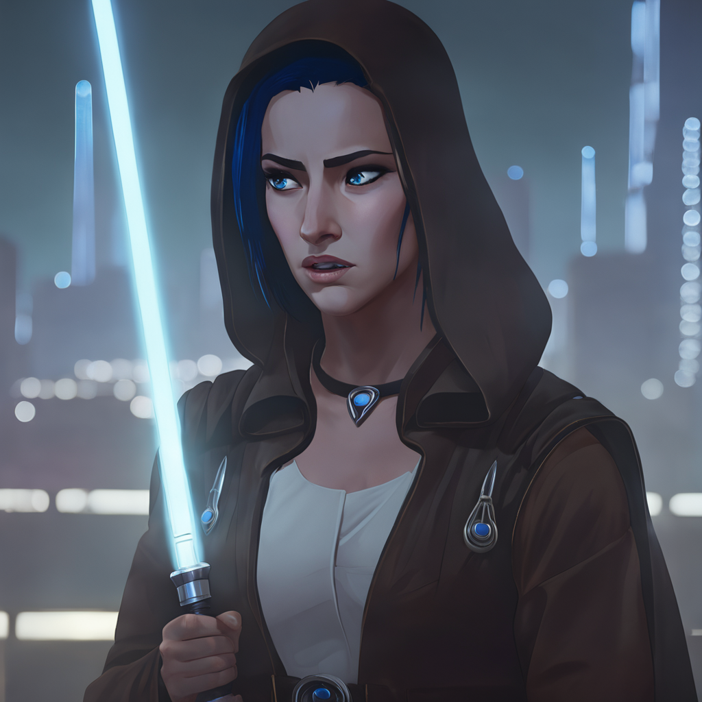 arcane, caitlyn, blue hair, solo, blue eyes, hood, hood up, wearing robes, jedi robes, holding blue lightsaber, futuristic city in background, highly detailed, film still, photo realism  <lora:caitlyn-v2:0.8>