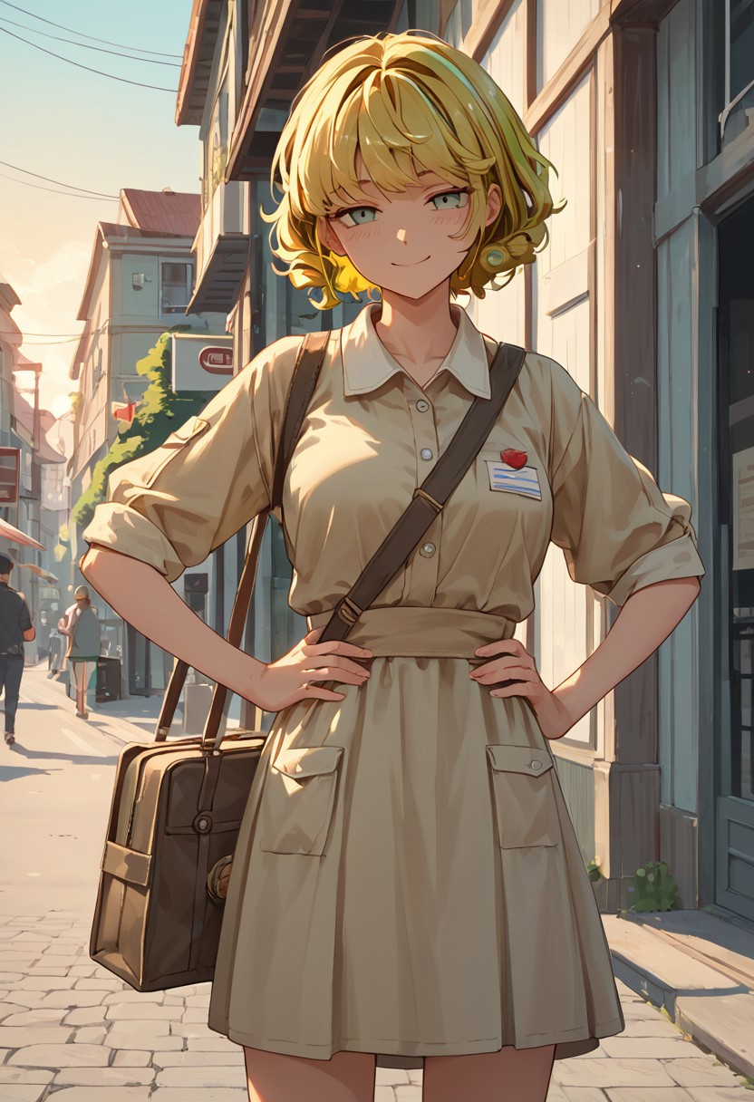 masterpiece, best quality, high quality, high details, source_anime, score_9, score_8_up, score_7_up, extremely detailed,
1girl, mail carrier, standing with bag nearly empty, slight smile, hands on hips, messy but cheerful, sunset glow, tired eyes, friendly expression, peaceful street, sense of fulfillment