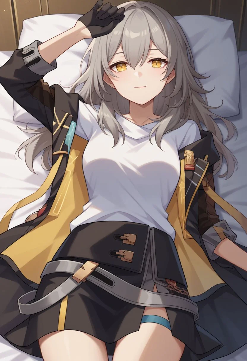 score_9, score_8_up, score_7_up, source_anime, 1girl, stelledef, yellow eyes, grey hair, long hair, hair between eyes, white shirt, black jacket, open clothes, open jacket, long sleeves, black gloves, black skirt, miniskirt, thigh strap, lying, on back, smile, closed mouth, looking at viewer, indoors, bedroom, on bed, portrait, close-up, upper body, facing viewer, arm up, <lora:Stelle_v1-10:1>