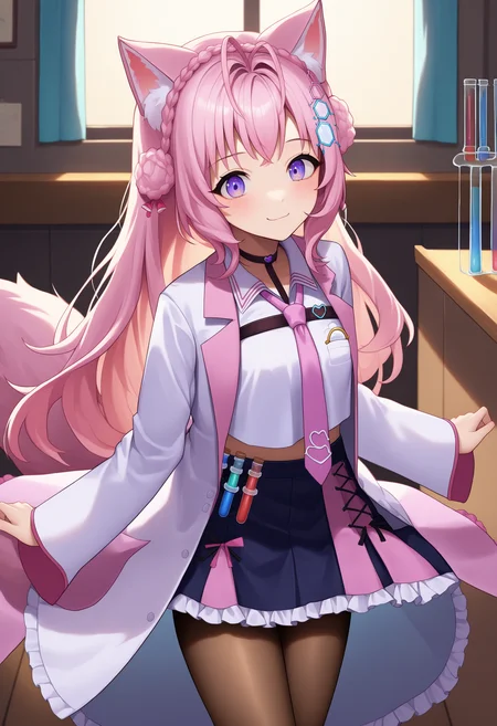 score_9, score_7_up, source_anime, uncensored, 1girl,
<lora:sphakuiKoyoriXLPony:1> koyori1st, wolf ears, wolf tail, animal ear fluff, hexagon hair ornament, white shirt, collared shirt, pink necktie, frills, black skirt, black choker, crop top, frilled skirt, lab coat, brown pantyhose, test tube, smile, light blush