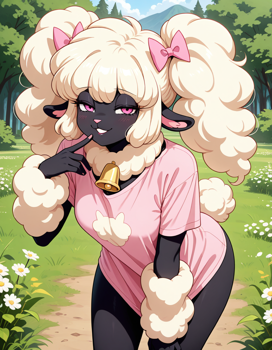 masterpiece, best quality, very aesthetic, absurdres,
outdoors,
upper body, headshot, 
pink t-shirt, 
standing, posing,
seductive smile, parted lips, long eyelashes,
<lora:PoodleSheep_v01_NAIXL:1> P00dl3Sh33p,1girl, solo, furry, furry female, animal ears, long hair, bangs, hair bow, sheep ears, pink eyes, animal nose, neck bell, black skin, body fur, white fur, poodle tail, hooves,