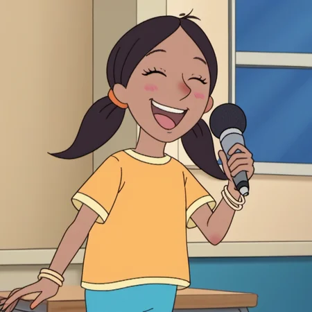 1girl, solo, sshh1, twintails, dark skin, yellow shirt, smile, blush, bracelet, blue pants, holding microphone, singing, laughing. official style, classroom, <lora:sshh1:1>,