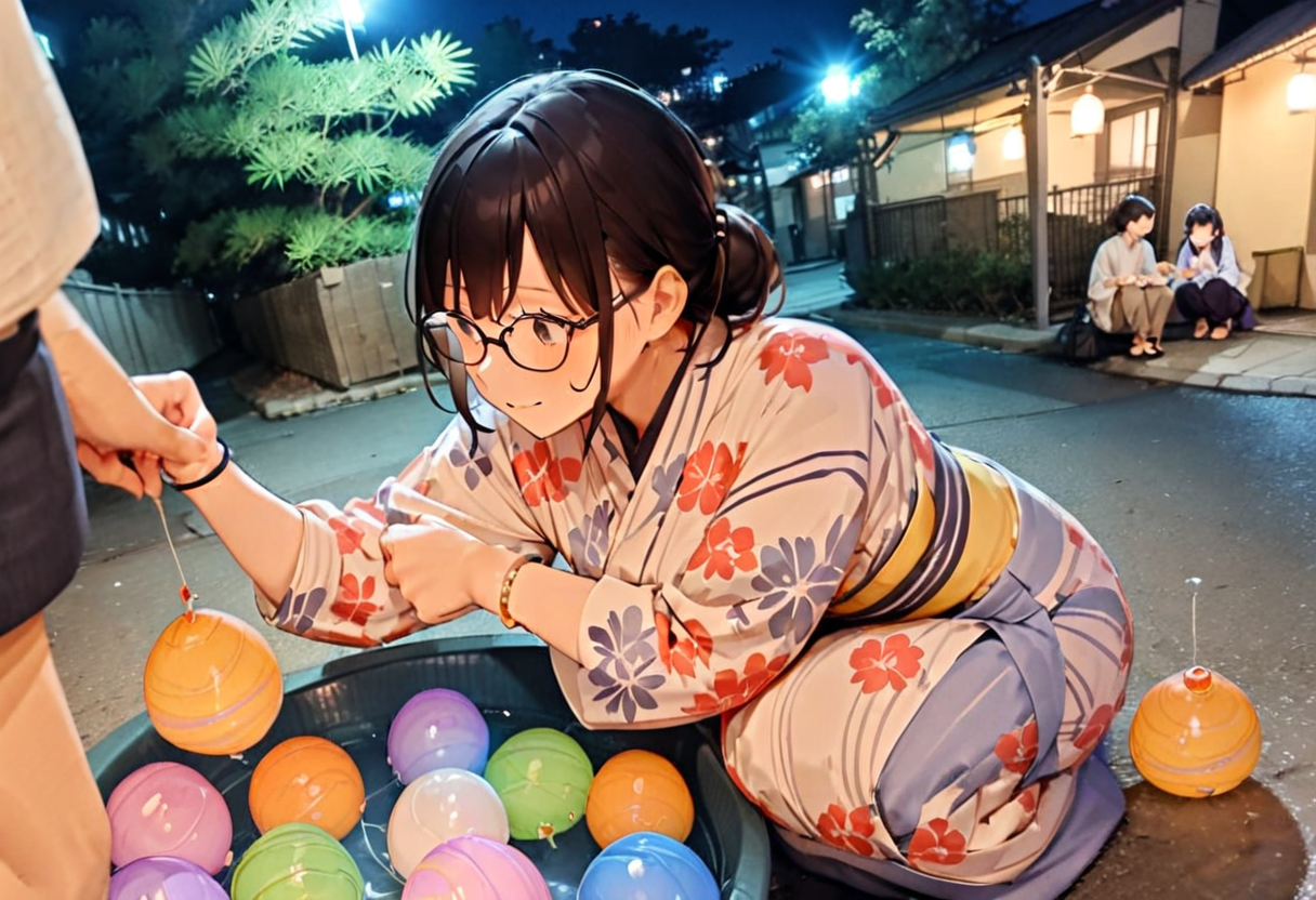 masterpiece, best quality, very aesthetic, absurdres,
mizufusen, 1girl, glasses, yukata, 1boy, night, squatting, outdoors, black hair, bracelet, long sleeves, floral print, water balloon fishing, night, summer, paper lantern, blurry background, 
 <lora:mizufusen_SDXL_V1:0.8>