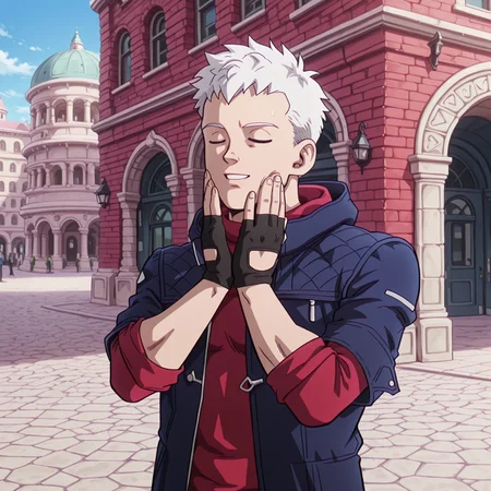 dbstyle, masterpiece, best quality, hyper-Detailed, 1man, solo, male focus, alone, detailed, Nero ((toned body, fair skin, white hair, blue detailed eyes)), ((wearing blue coat with folded sleeves bellow elbow, red sweater, black fingerless gloves,)), outside, italian city, day, f33lsg00d, hands on own face, closed eyes, parted lips, light smile,