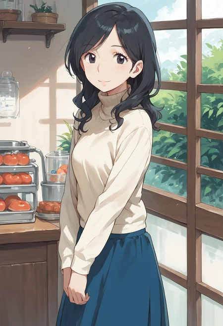 score_9, score_8_up, score_7_up, , source_anime, 1girl, solo,,koukimama, , black hair, long hair, long sleeves, , turtleneck sweater,, blue skirt, <lora:koukimama_pony4:0.9>, looking at viewer, black eyes, smile, , , , standing, (cowboy shot:1.5)
