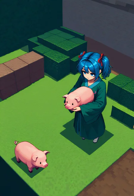 1girl, solo, onizuka kaori, kaori kimono, kaori hair ribbon, (pixel art:2), (isometric:0.5), minecraft, (3d:0.6), animals, pig, pig \(minecraft\), block \(minecraft\), (deformed:0.5), farm, looking at animal, ,
masterpiece, best quality, newest, very awa