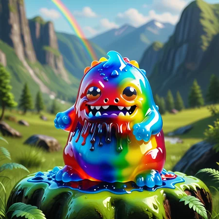 an mdgmmy rainbow slime monster in a scenic vista<lora:gummy:1>