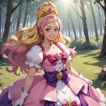 score_9, score_8, BREAK, solo, cure flora-ME,half updo,very long hair,gradient hair,blonde hair,pink hair,streaked hair,white gloves,earrings,puffy short sleeves,tiara, pink dress,white gloves,gown,waist bow,layered dress,pink bow,dress bow,dress flower,brooch,choker,green eyes,adult female,mature female,breasts, sexy pose, self portrait, smile, outdoors, sunlight, shadows, evening lighting, natural lighting, forest, trees, grass, orange sky, sunset