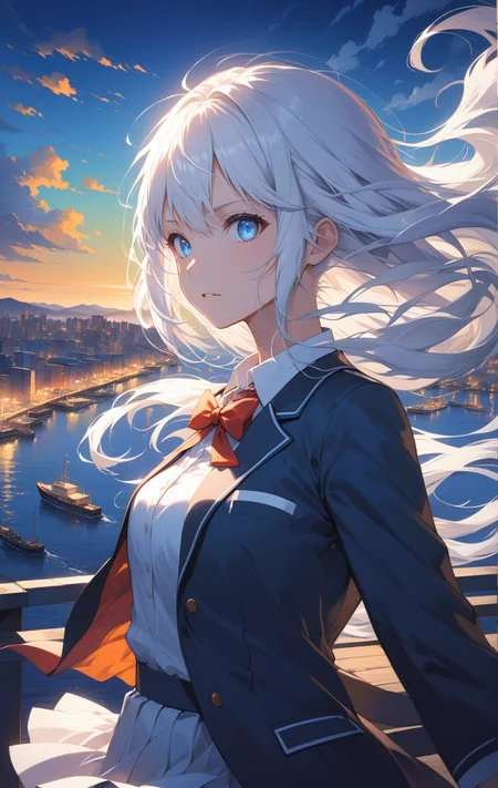 masterpiece, best quality,
(1girl), long straight white hair, blue eyes, detailed face, schoolgirl uniform, detailed clothing, combat pose, gust of wind, vivid colors, highest resolution, wallpaper, professional illustration, intricate, highly detailed, landscape, dramatic lighting, cityscape view from harbor, intense light,
highres, 4k, 8k, intricate detail, cinematic lighting, amazing quality, wallpaper <lora:aesthetic_anime_v1s:1.2>