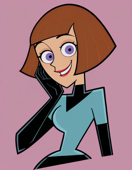 <lora:MaddieFentonIllustrious1.0JLFO:1> maddief, 1girl, lipstick, brown hair, short hair, bodysuit, makeup, purple eyes, solo, gloves, bob cut, smile,upper body, portrait,, masterpiece, best quality, amazing quality, very aesthetic, absurdres,looking at viewer, simple background,