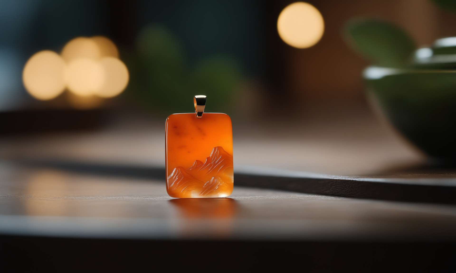 cinematic photo <lora:jadeitecarvingcd_xl-000006:0.3>,a (orange jadeite:1.3, transparent:1.3) rectangle pendant,carved with mountains and rivers,tilt-shift,miniature,jadeitecarvingcd_xl with (orange theme:1.3),no humans,long-focus,(indoors, on table:1.2) . 35mm photograph, film, bokeh, professional, 4k, highly detailed