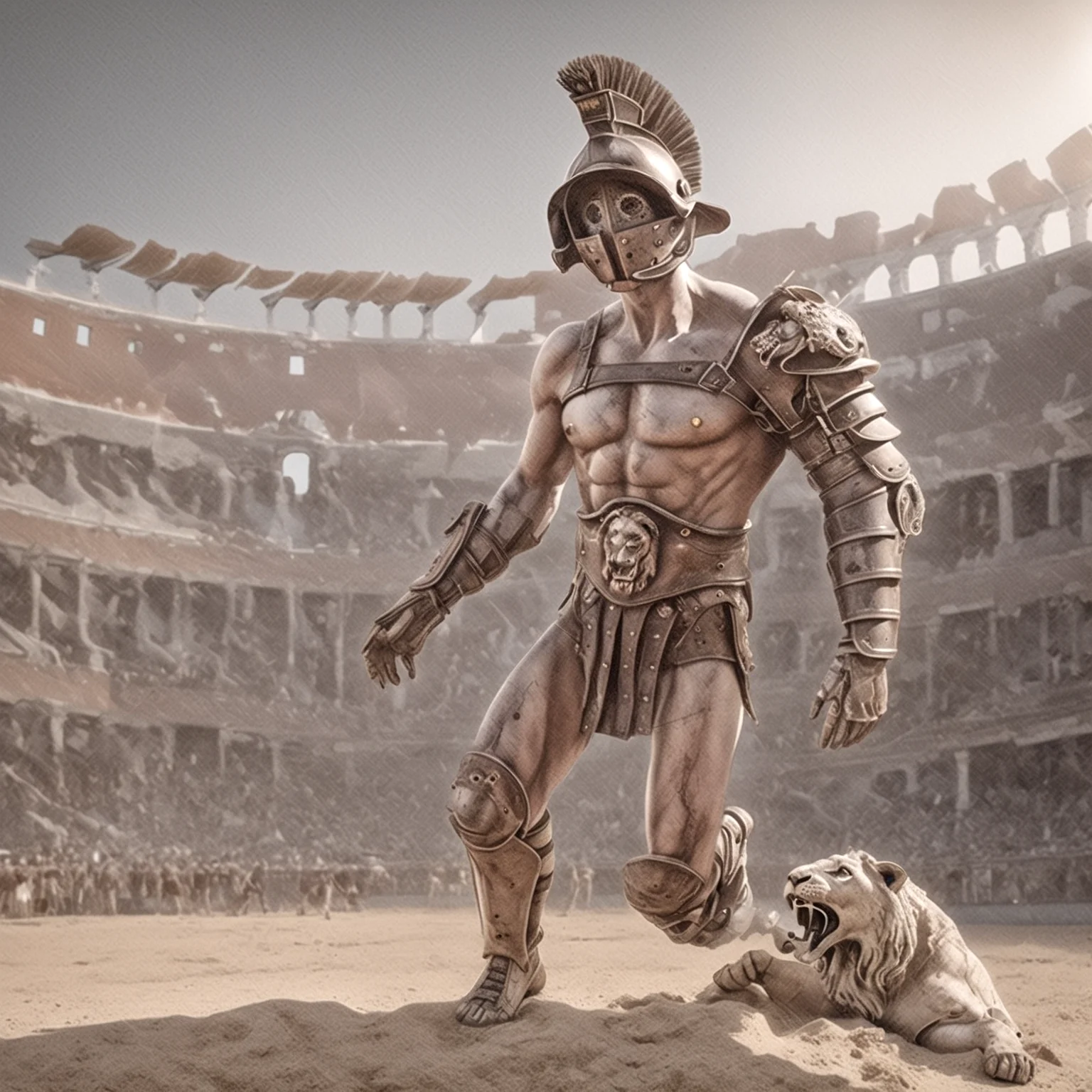 gladiator,helmet, (liquid illumination:1.4), (charming light:1.1),transparent porcelain, robot, synthetic, hyperrealistic,anatomical,cable electric wires,microchip,(cracked:0.45), (mechanical eyes:1.15) at colloseum rome, fighting with a lion,gladiator_style,exterm detailed, detailed background, ,