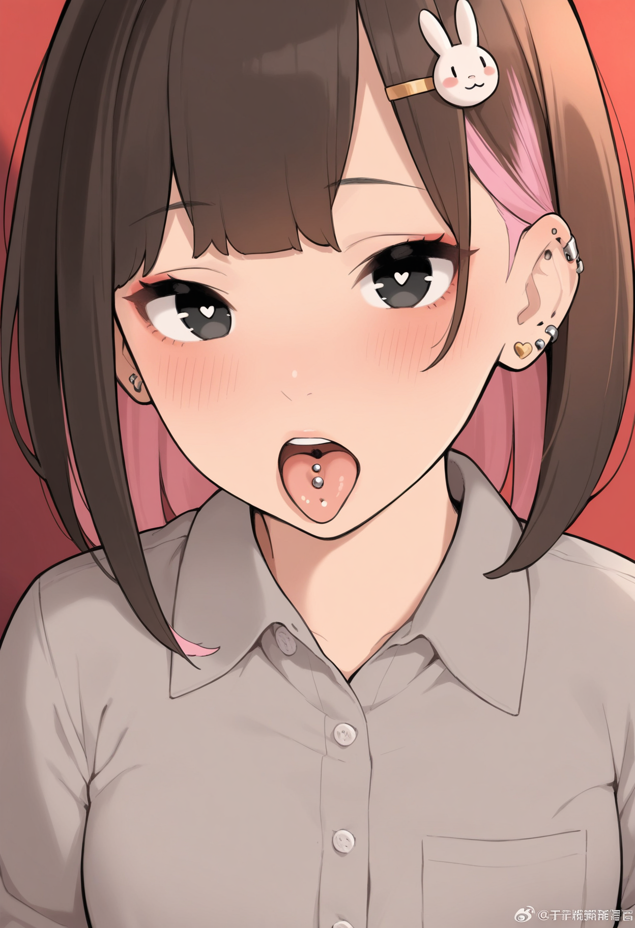 masterpiece,best quality,amazing quality,
tongue, solo, rabbit hair ornament, 1girl, piercing, tongue out, black eyes, brown hair, tongue piercing, red background, jewelry, multicolored hair, open mouth, earrings, shirt, pink hair, looking at viewer, hair ornament, blush, bangs, heart, streaked hair, collared shirt, ear piercing, grey shirt, watermark, bow,
 <lora:Irotenya:1>