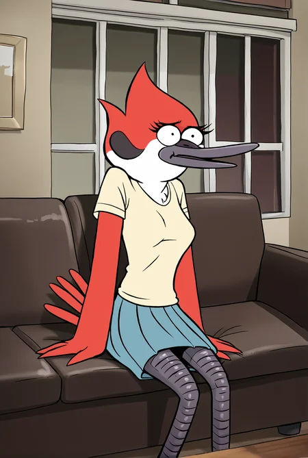 score_9, score_8_up, score_8,
<lora:Margret_Smith_Regular_Show_for_PonyXL:0.8> 1girl, furry female, m4rgr3t, avian, solo, tail, shirt, skirt,
parody, source_cartoon,
sitting on couch, living room, window,