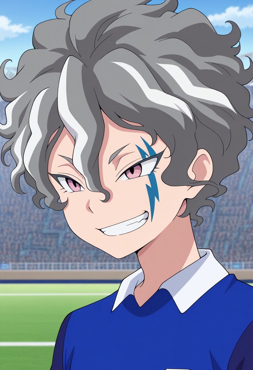 masterpiece,best quality,amazing quality, source_anime,
KiraHiroto, 1boy, male focus, solo, pink eyes, grey hair, facial tattoo, orion soccer uniform, shirt, blue shirt, raglan sleeves, short sleeves, portrait, smile, grin,
outdoor,
