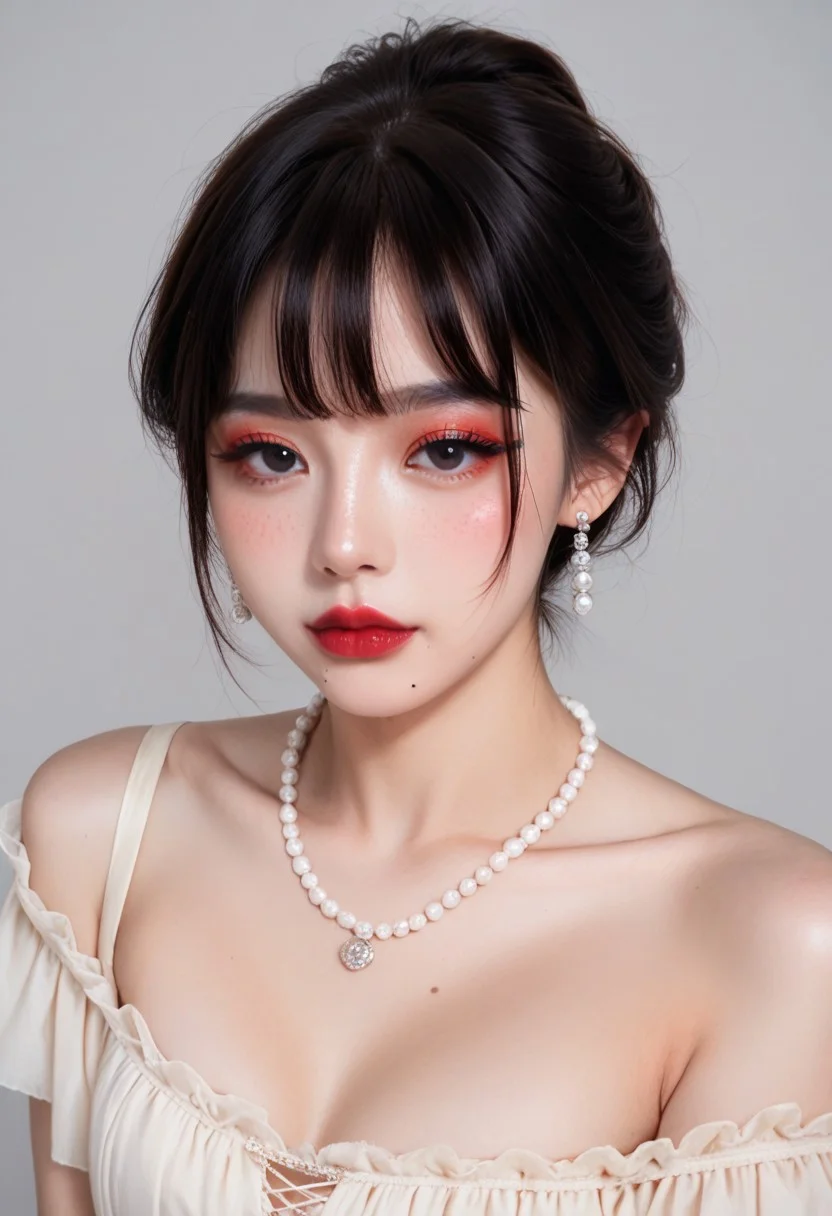 score_9, score_8_up, score_7_up,
ulzzang, ulzblush, 1girl, solo, looking at viewer, short hair, bangs, simple background, black hair, white background, dress, bare shoulders, jewelry, closed mouth, collarbone, earrings, artist name, grey background, necklace, mole, black eyes, lips, eyelashes, makeup, watermark, lipstick, portrait, mole under mouth, eyeshadow, freckles, realistic, red lips, pearl necklace, mole on cheek