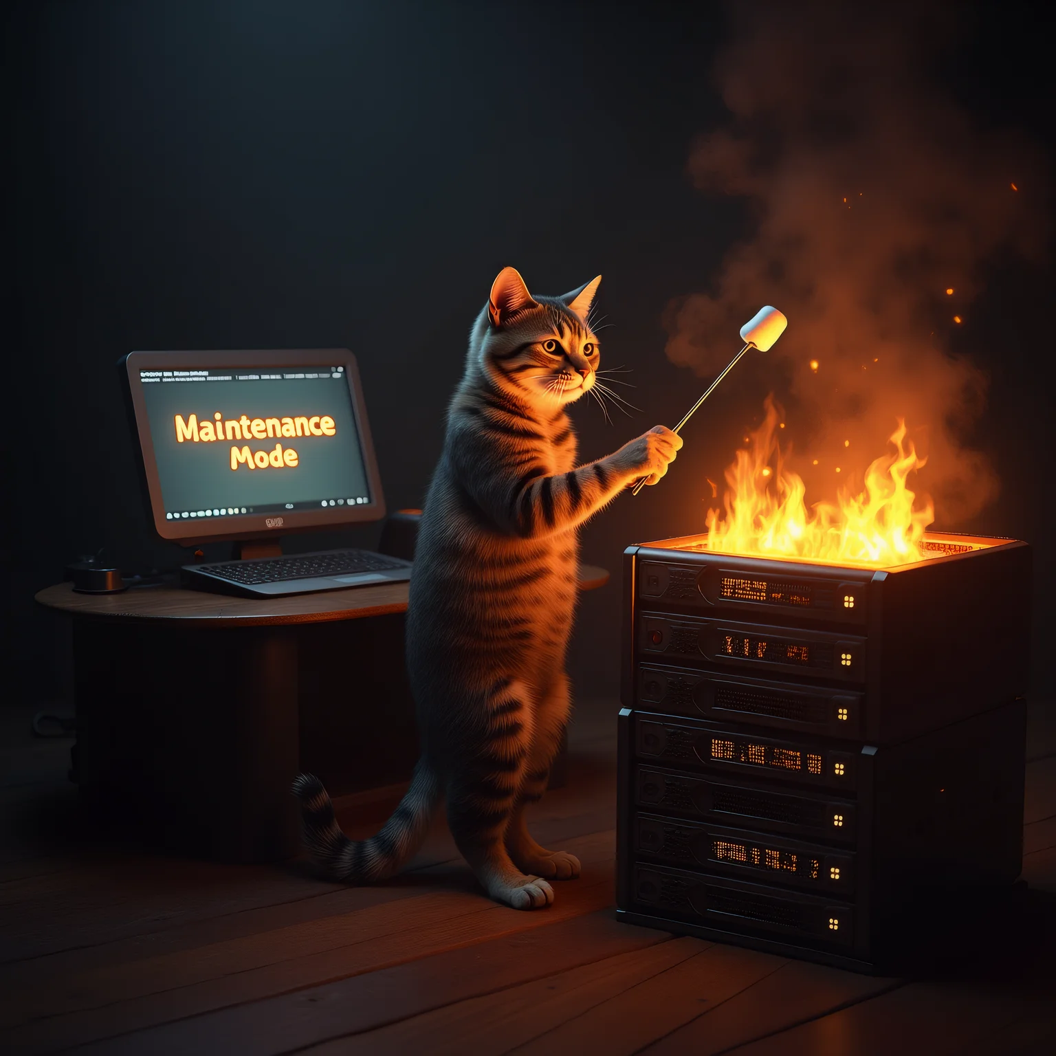 A cat roasting marshmallows over servers racks in flames, on a monitor there are the words "Maintenance Mode"