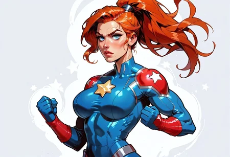 safe_pos, score_9, score_8_up, score_7_up, source_cartoon, graphic novel, illustration, line art, digital painting, best quality, looking at viewer, hourglass figure, round breasts, beautiful, blue superhero girl, patriot, patriotic, American, strong woman, skinny, strong, long hair, orange hair, ((redhead)), blue eyes, pointy nose, ponytail, oiled skin, long eyelashes, brown eyebrows, eyeshadow, athletic fit body, defined muscles, strong biceps, defined glutes and leg muscles, ((white star:1.5)), star centered on chest, blue superhero outfit, long sleeves, red accents, elbow-length red gloves, armored gloves, heroic, fist, punch