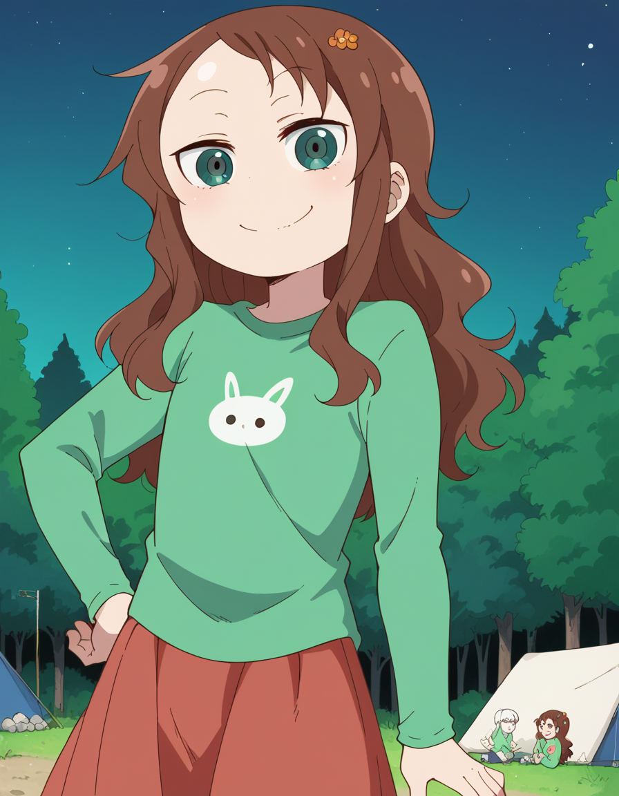 score_9, score_8_up, score_7_up, source_anime, <lora:riko-saikawa-s2-ponyxl-lora-nochekaiser:1>, riko saikawa, long hair, brown hair, green eyes, hair flower, hair ornament, flower,, skirt, shirt, long sleeves, red skirt, white socks, green shirt,, camping, bonfire, tent, stargazing, marshmallows, forest clearing, night, smile, , smug, hand on hips,, solo,, dutch angle,