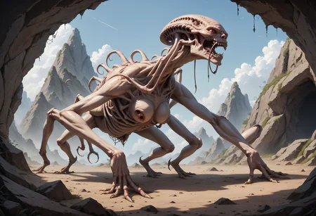 (score_8, score_8, score_8_up, score_9_up, content_sfw, source_anime:1.21), (high quality, high contrast, realistic:1.3), monsters, beasts, ancient creatures, call of cthulhu, (macabre:1.2), reflections, (extremely intricate details:1.3), exploring an ancient tomb, science fiction, spider arachnid alien creature, emerging from a cave, dark scales, glossy surface,  red eyes, (surrounded by alien monsters:1.2), detailed glossy skin texture, ray tracing, subsurface scattering, volumetric lights, realistic analog photo,
<lora:Realistic_2.5DAnime_Merge1:0.9>, shot on Bolex H16,Cinestill 800T,cowboy shot,135mm f1.8,subsurface scattering,tintype,1930s
