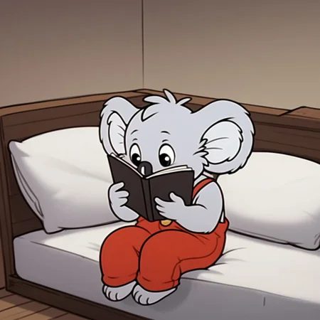 score_9, score_8_up, score_7_up, score_6_up, score_5_up, score_4_up, source_furry, Blinkybb, semi-anthro, male, Koala, grey fur, red overalls, inside, sitting, reading