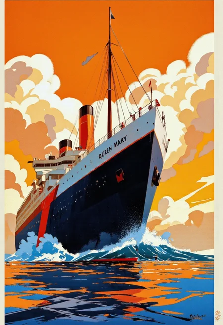 Cinematic photo. A vibrant and colorful illustration of a large cruise ship, the RMS Queen Mary, in the middle of the image. the ship is depicted in a dynamic pose, with its stern facing the viewer and its distinctive blue and red color scheme standing out against the bright orange and yellow sky with fluffy white clouds. The ship's smokestacks are visible, and the ship's name is written in white lettering on the side of the ship. the water is calm and still, reflecting the colors of the sky and clouds, creating a sense of movement and energy. the overall style of the illustration is reminiscent of vintage travel posters, with bold lines and bright colors that bring out the vivid colors and dynamic composition.