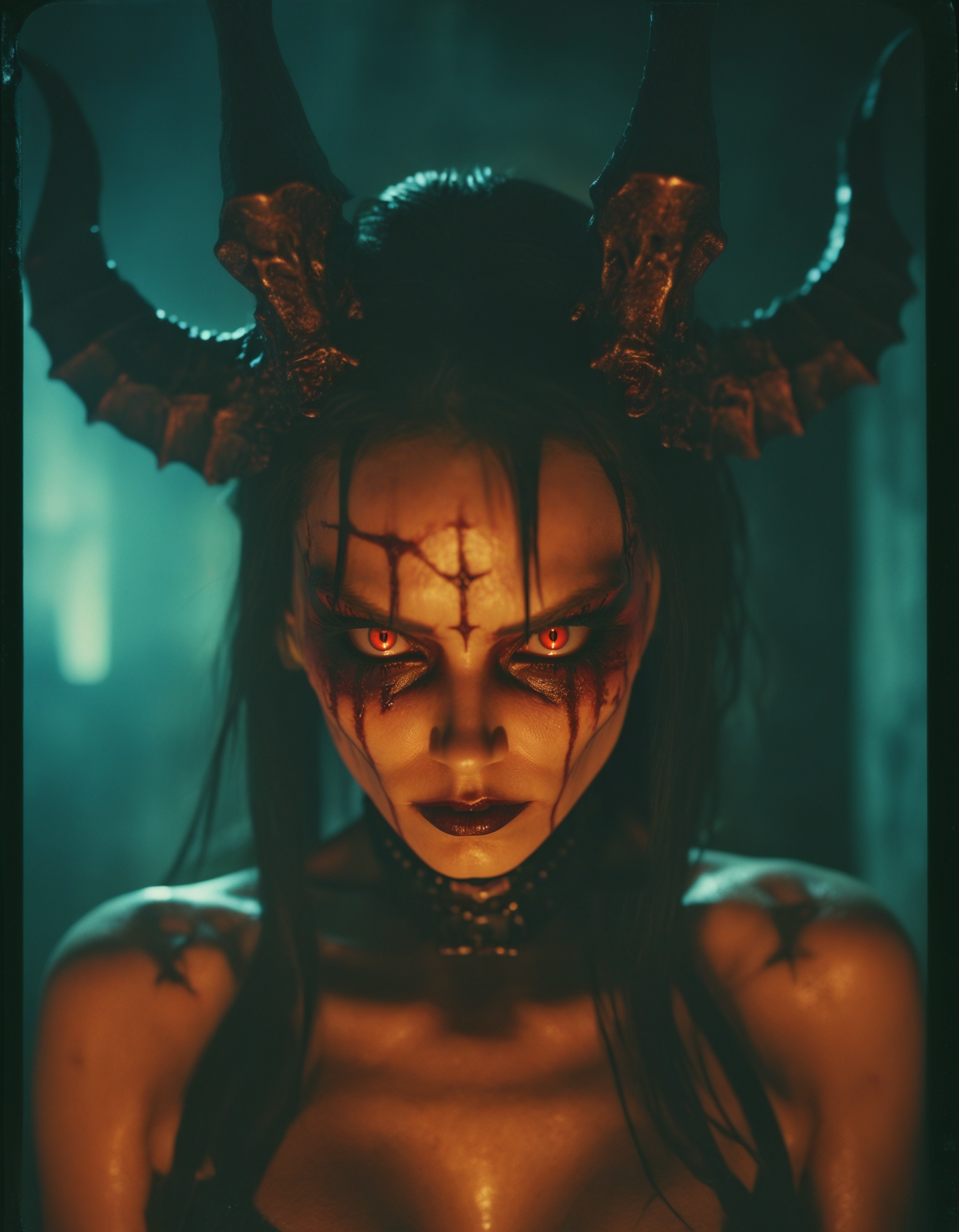 most realistic, highest details, dynamic side view of a lethal demonic mistress with the most beautiful face with glowing eyes, looking at viewer, infernal, shot on polaroid film, faded colors, motion blur, shallow depth of field,  dramatic lighting, dimly lit interior of a torture chamber in hell, deep shadows, chiaroscuro, highly detailed and hyper realistic