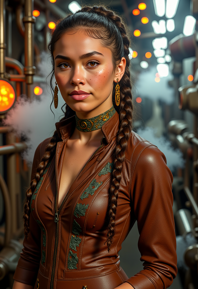 professional realistic photo of anastasia, she is an approximately 18 years old stunning unique female character, she has braided hair, she has freckles, she has a slight smile on her face and is looking directly at the camera, happy and relaxed, detailed skin texture, she wears leather clothes with copper adornments, standing in a steampunk world of machinery and vintage electricity, world of metal and steam, steam clouds fill the air She has a slight smile on her face and is looking directly at the camera. making this image a masterpiece of photography and digital art. Style: realistic hyper-detailed rendering, 32k UHD, expressive eyes, punk, graphic design, girl's face, pretty and cute, gleaming lips, telling a tale of adventure. Exuding confidence and serenity. The overall mood of the image is happy and relaxed,detailed skin texture,(blush:0.2),(goosebumps:0.3),subsurface scattering,whimsical,Detailed hand, Perfect hand. Perfection style.