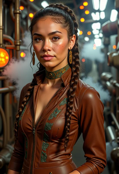 professional realistic photo of anastasia, she is an approximately 18 years old stunning unique female character, she has braided hair, she has freckles, she has a slight smile on her face and is looking directly at the camera, happy and relaxed, detailed skin texture, she wears leather clothes with copper adornments, standing in a steampunk world of machinery and vintage electricity, world of metal and steam, steam clouds fill the air She has a slight smile on her face and is looking directly at the camera. making this image a masterpiece of photography and digital art. Style: realistic hyper-detailed rendering, 32k UHD, expressive eyes, punk, graphic design, girl's face, pretty and cute, gleaming lips, telling a tale of adventure. Exuding confidence and serenity. The overall mood of the image is happy and relaxed,detailed skin texture,(blush:0.2),(goosebumps:0.3),subsurface scattering,whimsical,Detailed hand, Perfect hand. Perfection style.