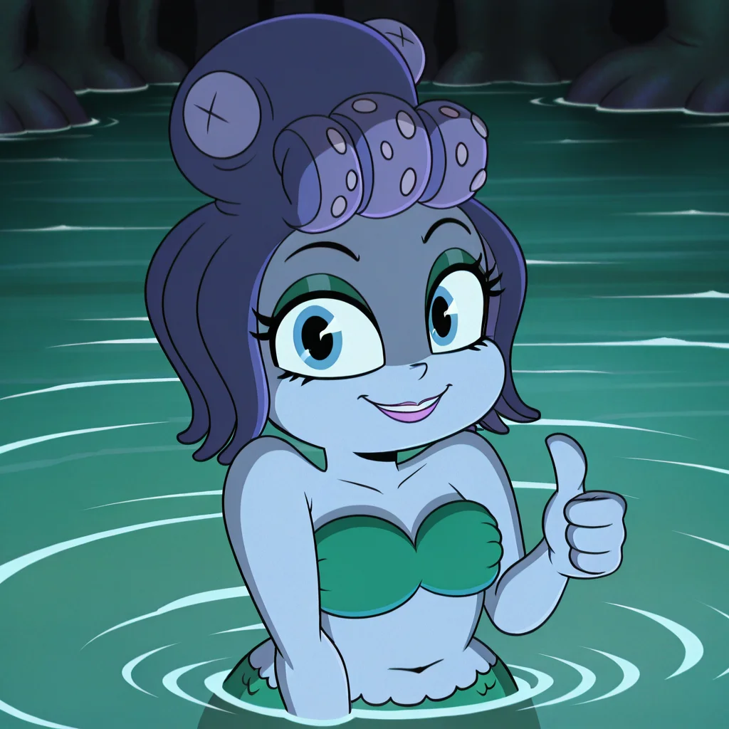 masterpiece, best quality, amazing quality, highres, absurdres, <lora:Calamaria_Cuphead_Show:1>, cala1, mermaid, octopus hat, bra, blue eyes, water, partially submerged, looking at viewer, smile, thumbs up, purple skin,