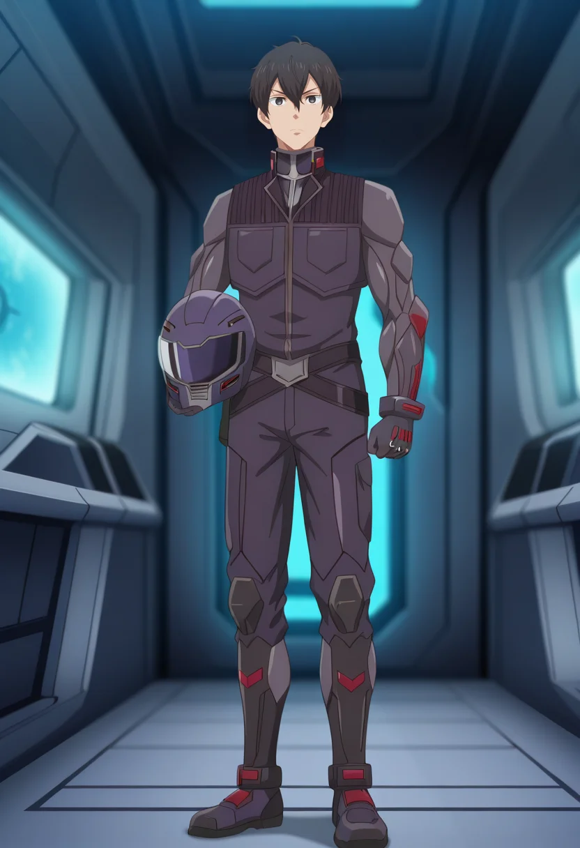 masterpiece, best quality, amazing quality,high resolution,intricate details,official style,depth of field anime coloring,anime screencap , , , 1boy, solo, male focus,  <lora:Leon_Fou_Bartfort:1>,leon fou batfort,black eyes,black hair,short hair,looking at viewer, holding, standing, battle suit, helmet, science fiction, unworn headwear,spacecraft, unworn helmet, holding helmet, variable fighter,full body