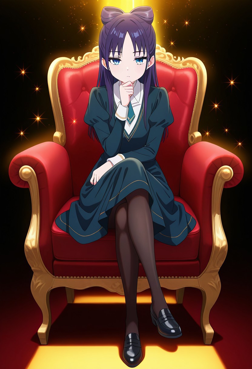 straight-on, (absurdres, best quality, masterpiece:1.4), amazing quality, highres, newest, detailed, detailed body, detailed face, source anime, anime coloring, beautiful, dark background, petite, on fancy red chair, sitting, yellow light ray, crossed legs, hand on chair, hand to own chin, downturned eyes, looking ahead, sparkles,
BREAK
WWNemu, 1girl, solo, stoic, NemuAniHu, dark purple hair, bow-shaped hair, parted bangs, half updo, blue eyes, v-neck dress, white inner collared shirt, Short necktie, juliet sleeves, long skirt, black pantyhose, black shoes,