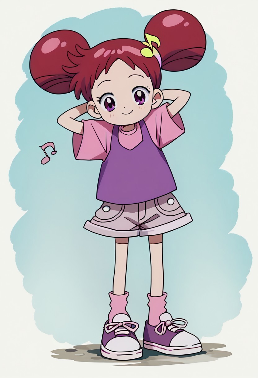 score_9, score_8_up, score_7_up BREAK Doremi1, 1girl, red hair, odango hairstyle, purple eyes, pink hair scrunchies, yellow musical note hairclip, purple tank top, short-sleeve pink shirt, soft pink denim shorts, pink socks, pink white sneakers, full body, smiling at viewer, hands behind head,