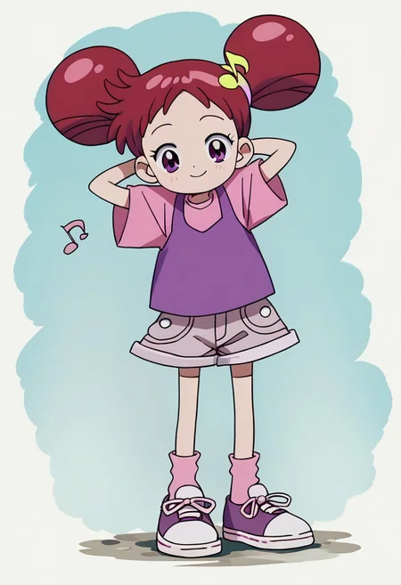 score_9, score_8_up, score_7_up BREAK Doremi1, 1girl, red hair, odango hairstyle, purple eyes, pink hair scrunchies, yellow musical note hairclip, purple tank top, short-sleeve pink shirt, soft pink denim shorts, pink socks, pink white sneakers, full body, smiling at viewer, hands behind head,