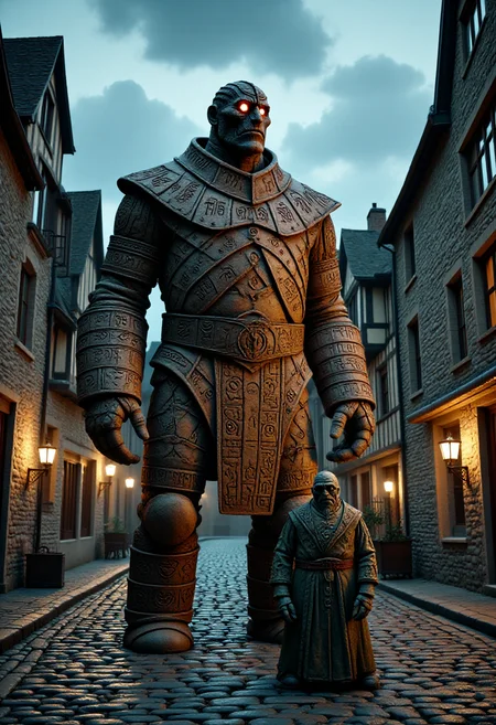 an image in the streets of Ankh-Morpork: Constable Dorfl, the towering golem of the City Watch, stands firm, his massive clay body unyielding, in a tense standoff with a dwarf. The dwarf, with its fiery eyes and an axe that shimmer in shades of green and gold. Cobblestones. The surrounding medieval streets are empty, buildings casting long shadows in the fading light, as a sense of impending danger fills the air. Cloudy blue ski.