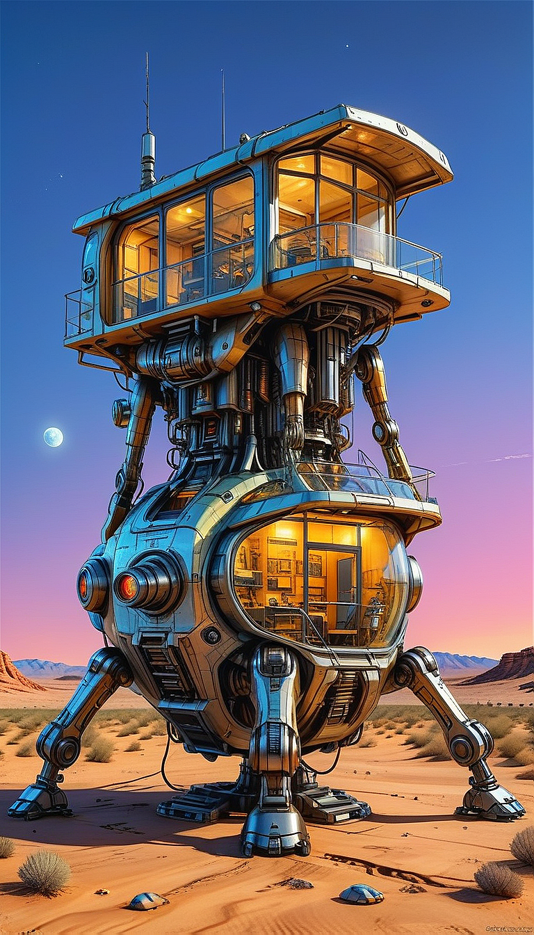 (cel-shading:2)+, (in ARTIST style:1.6), (masterpiece:1.7), hyperrealism, glossy, shinny, night:2,
clear image, accurate picture, clear picture, precise image, focused image, Science fiction style, Science fiction, neon, glowing neon,
(glass and wood house with cozy comfy living space inside) on mechanical legs, science fiction, aquarium on mechanical legs focus, night desert background, mecha, 
comic style, (ultra sharp focus:2), (thin lines:2),
(best quality:1.8),
<lora:Apparatus_-_Traction_City_Walkers_Vehicles:0.8>,