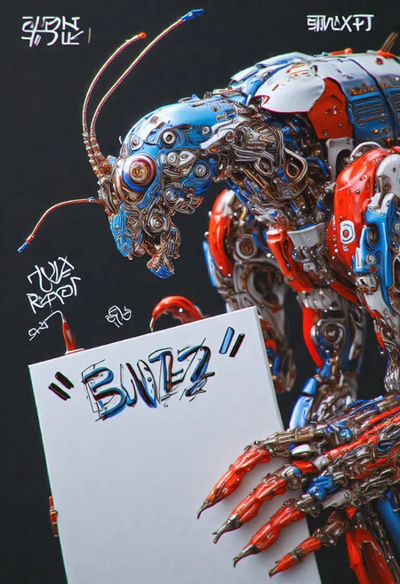 A mechanical cockroach is scanning an envelope with "BUZZ" written on it, in sans serif font, huge bold text, clear text, the mechanical cockroach has a transparent body, and two antennae flashing signal lights. Macro photography, large aperture, amazing details, the environment is a data room<lora:flux1-D\flux.1_lora_flyway_Epic-detail_v2.safetensors:0.5:0.5> <lora:flux1-D\æºæ¢°æe«_flux_1.0.safetensors:0.8:0.8> <lora:flux1-D\dvr-transformers-flux.safetensors:0.8:0.8> <lora:flux1-D\flux.1_lora_flyway_doodle-poster.safetensors:0.9:0.9>