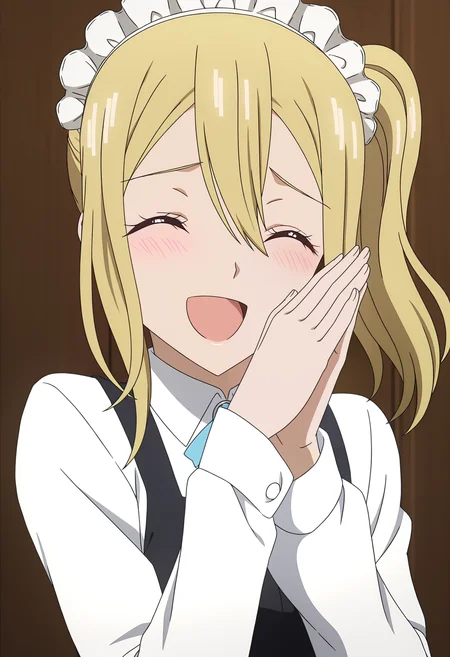 <lora:Ai HAYASAKA_illustrious-000018:1>,1girl,solo,
Ai HAYASAKA,side ponytail,solo,maid headdress,closed eyes,maid,open mouth,laughing,smile,blush,anime coloring,shirt,white shirt,long sleeves,sidelocks,:d,parody,upper body,anime screencap,