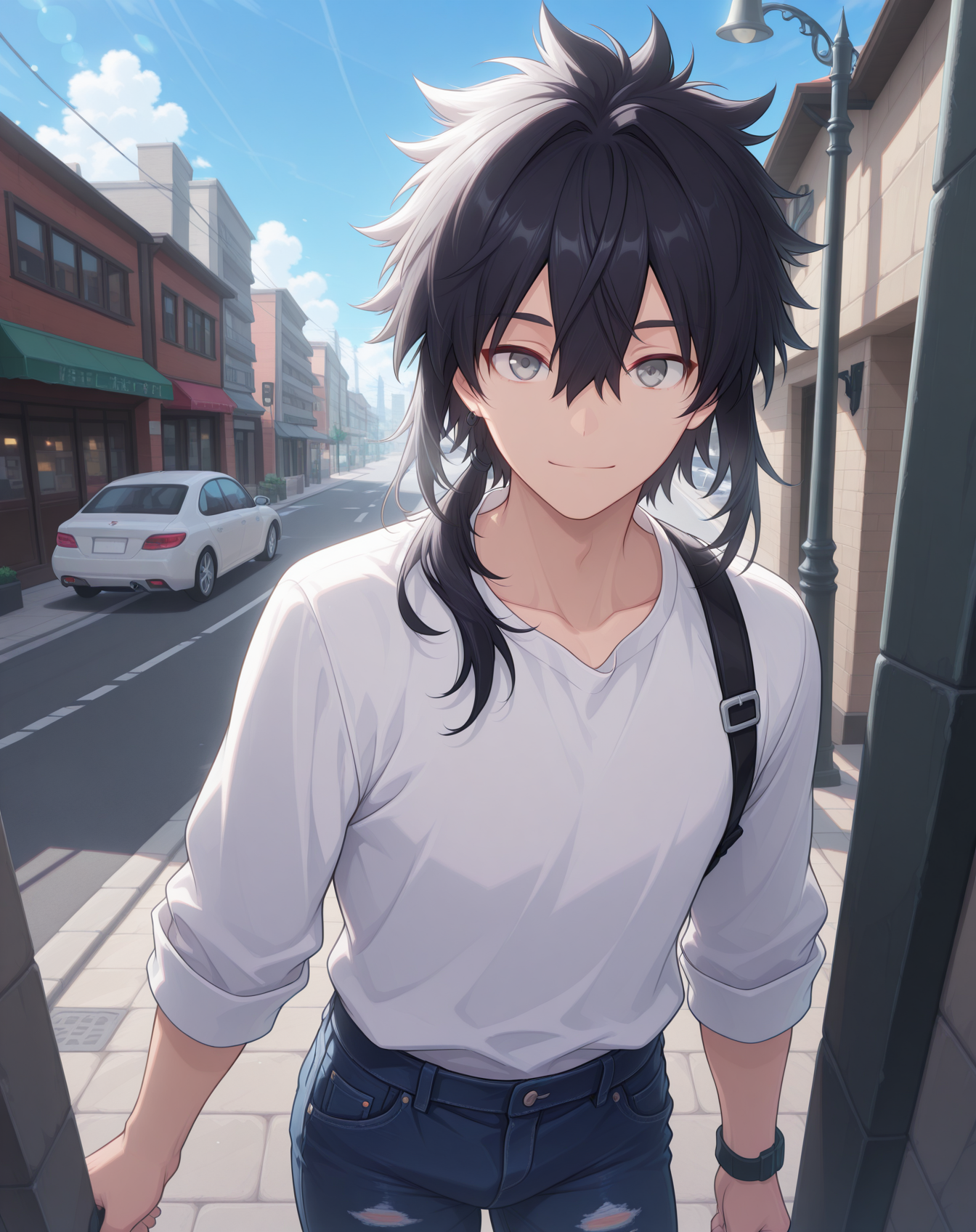 masterpiece,best quality,amazing quality, newest, very aesthetic, absurdres,
1boy, solo, yaoi, male focus, looking at viewer, cowboy shot, standing,
<lora:Sieghart_Lunar_Year_ilxl:1> siegly, black hair, grey eyes, hair between eyes, long hair,
white shirt, jeans, sneakers,
outdoors, day, blue sky, building, street, road, lamppost, car,