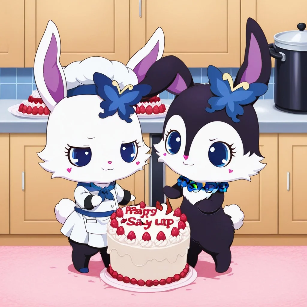 score_9, score_8_up, score_7_up, score_6_up, score_5_up,
best quality, masterpiece, smirks, Full Body, Romantic, Small Body, Furry, looking_pleasured, duo, female/female, 2girls, kitchen, chefs hat, chefs shirt, chefs skirt, rubyjp, no humans, rabbit, chibi, furry, hair ornament, necklace, jewelry, chest fur, white fur, chef outfit, holding a sign that say " buzz cake", largest cake, luea, feral, blue eyes, rabbit, furry, rabbit ears, black fur, purple inner ear, white chest fur, white face, chibi, body fur, (blue butterfly hair ornament), (blue rose necklace), chef outfit, large cake, writing on cake say "buzz cake",