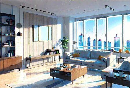 ((front view)), (Close-Up View), (Rule of Thirds), ((animation style)), modern-style interior, white walls, ((large windows)), wooden floor, a  study, Sofa, coffee table, bookcase, single wall, 
warm light morning sun, (((City high-rise building scenery))), (((clear sky)))