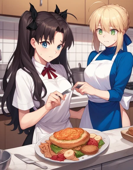 score_9, score_8_up, score_7_up, score_6_up, score_5_up, score_4_up, source_anime,
2girls, kitchen, apron, sweatdrop, busy, worried 
BREAK 
tohsaka rin 
BREAK 
artoria pendragon \(fate\), saber