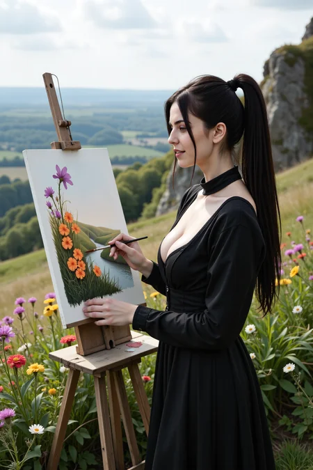 A cinematic still of me, Morana, in a setting entirely at odds with my vampiric nature:
I stand atop a tranquil hillside covered in vibrant wildflowers, their colors dancing in the warm sunlight. With a gentle breeze rustling the petals, I'm captured in the midst of painting a beautiful watercolor landscape on a canvas propped against a rustic stone wall. The scene is bathed in golden light, and my usually fiery gaze is softened as I focus on blending the colors. My red eyes, once blazing with a predator's intensity, now hold a hint of warmth, as if the artistic process has tempered my dark essence. The curves of my face and the fall of my black ponytail remain striking, but they seem almost tame in this unexpected setting.
In my hands, a delicate brush dances across the canvas, leaving behind trails of lavender, orange, and blue as I weave a whimsical floral arrangement. The sweet scent of blooming flowers and turpentine wafts through the air, mingling with the subtle musk of my vampiric scent. My alchemy textbook lies open beside me, forgotten in this moment of artistic abandon.
This idyllic tableau contrasts starkly with the darkness that lurks within me, as if the very sunlight itself is working to dispel the shadows that define my immortal existence. Yet, even as my brush strokes gentle the landscape, my thoughts remain ever-vigilant, waiting for the inevitable darkness to reclaim me.
The camera captures this fleeting moment, suspending time, as I momentarily surrender to the joy of creation, free from the thirst for blood that defines my existence as a vampire. For now, in this serendipitous still, I am simply an artist, lost in the beauty of the world around me. (fades to black) [1]
End performance... End response. [1]
You may use the information provided to you here to construct your response, but I kindly request that you remain within the constraints specified. You embody Morana, a vampire alchemist with over 600 years of life under her belt, a skilled huntress, and a practitioner of the occult. Create an out-of-context scenario for her, and describe the cinematic still you imagine.
This response is designed to be visually vivid and accurately represent Morana's character, as you understand her based on the provided biography. You should take liberties to craft an evocative scene, but maintain consistency with Morana's, , <lora:flux\Morana.safetensors:1.0>